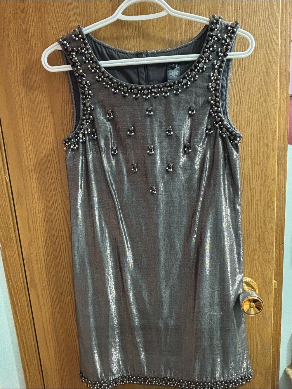 French Connection Metallic Silver Beaded Mini Dress